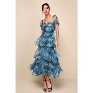 NWT Lulus Darling Vision Teal Floral Organza Puff Sleeve Tiered Midi Dress Sz S